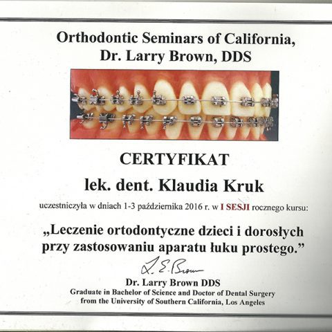 Certyfikat Klaudia Kruk Dr Szadowski Implantologia i Stomatologia Estetyczna
